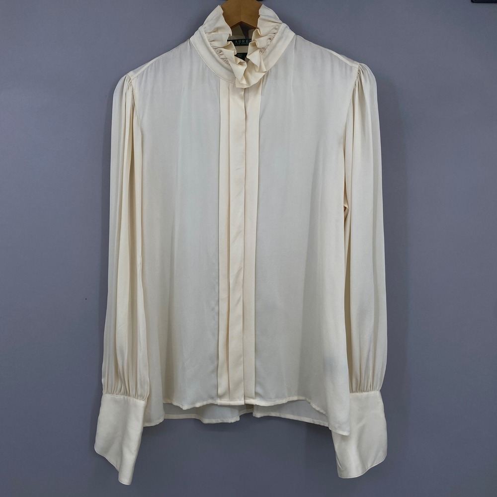 Lauren Ralph Lauren Silk Ruffle Neck Blouse Womens 10 Cream Victorian Office Top